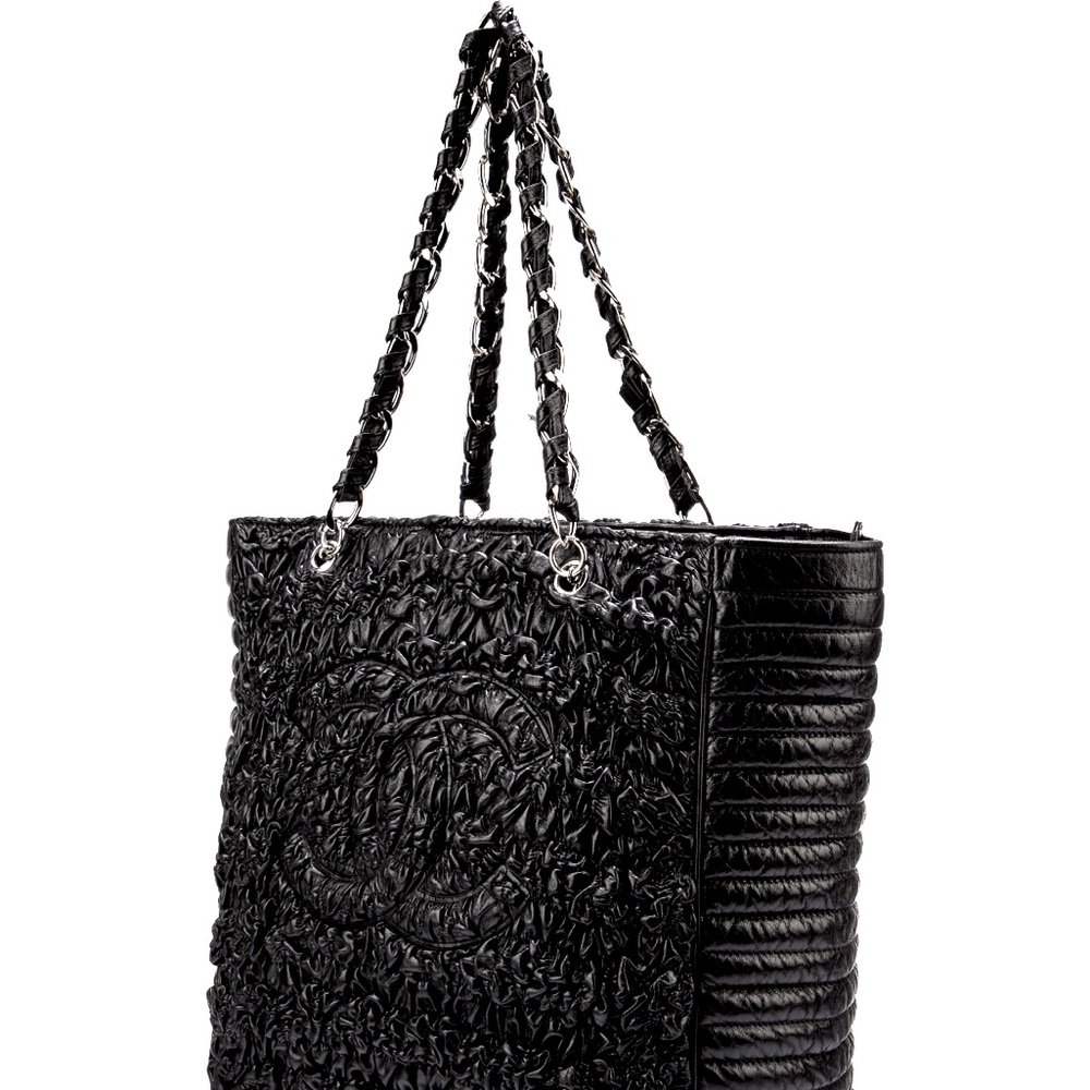 Chanel Tote Leather Silver-Tone Hardware Chain-Link Strap Grosgrain